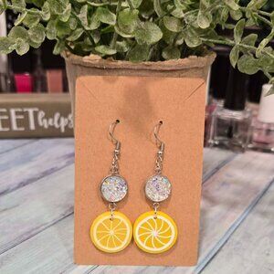 Handmade Lemon Slice Dangle Earrings | Sparkle Druzy Citrus Earrings | Summer